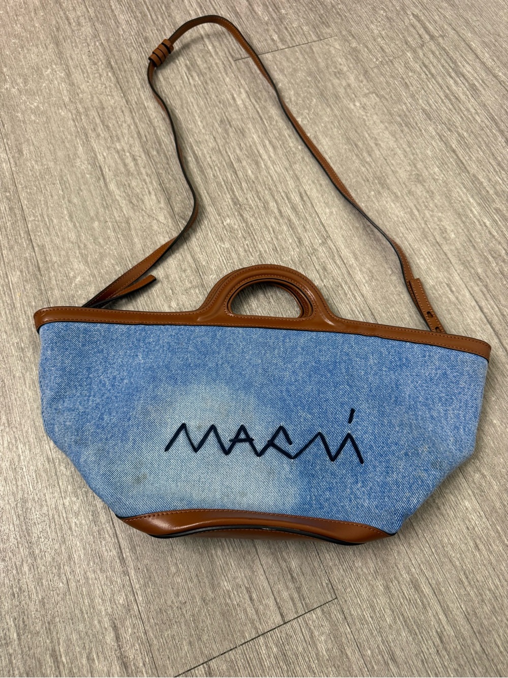 MARNI Tropicalia Denim Leather Tote Bag Blue Brown Logo Shoulder Bag
